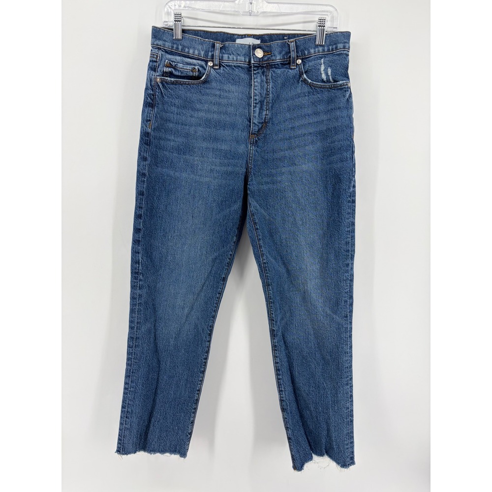 Loft Womens 8 Blue Straight Crop Jeans High Waist Raw Hem Distressed Denim